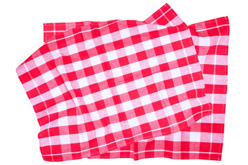 Closeup of a red and white checkered napkin or tablecloth texture isolated on white background....