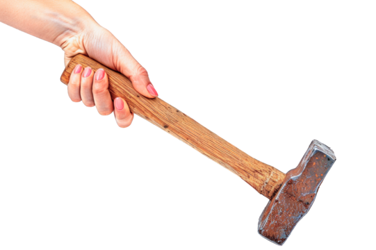 Woman's hand holding a hammer isolated on a cutout PNG transparent background - Powered by Adobe