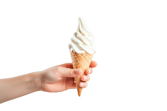 Woman's hand holding an ice cream cone wafer isolated on a cutout PNG transparent background