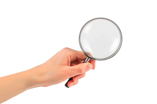 Woman's hand holding a magnifying glass isolated on a clipped PNG transparent background