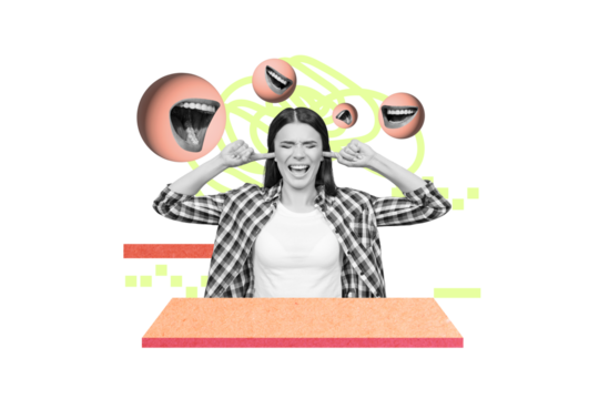 Collage picture of unsatisfied irritated mini black white gamma girl fingers cover ears avoid loud noise talking mouth isolated on painted background