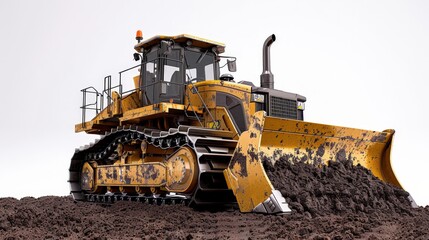 A yellow bulldozer is in a muddy field - obrazy, fototapety, plakaty
