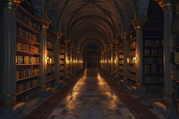 A long, narrow room with many bookshelves and a few lamps - obrazy, fototapety, plakaty