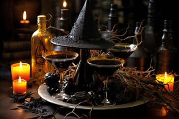 Fototapeta na wymiar Witches' Hat Cheers: Use witch hats as drink toppers and decorate with broomsticks and potion bottles.