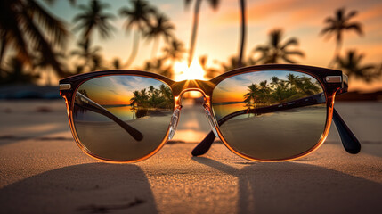 Fototapeta na wymiar Sun-kissed beach vibes through the lens of sunglasses