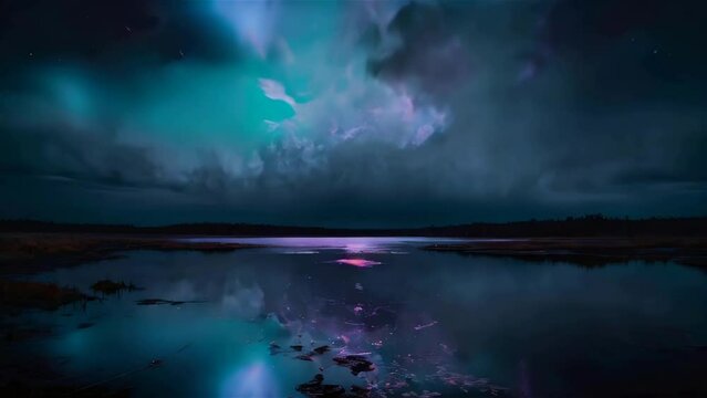 The clouds shone with the terrifying light of lightning in scary planet The black lake reflects like a mirror