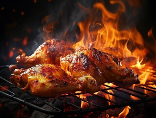 Chicken legs on the grill with flames, Bright color, ultra realistic