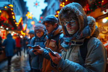 Obraz premium Three individuals engrossed in their phones at a vibrant Christmas market surrounded by dazzling festive lights