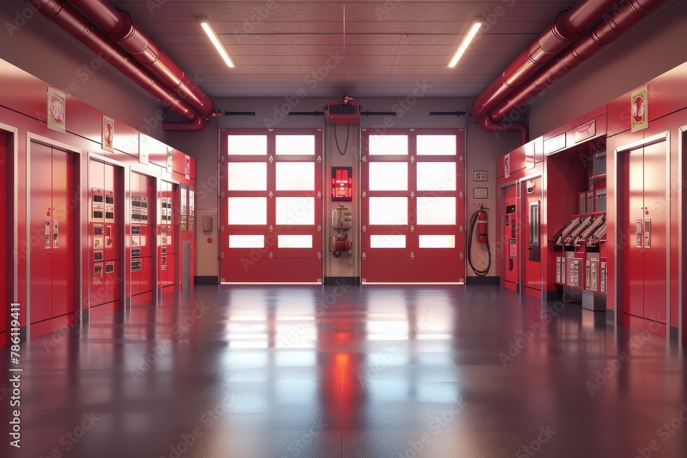 Poster a red room with a clock on the wall fire department the room is empty and has a lot of red objects