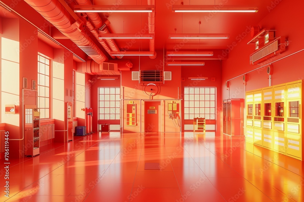 Poster a red room with a clock on the wall fire department the room is empty and has a lot of red objects