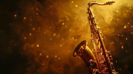 AI-generated illustration of a saxophone and vibrant lights against a dark backdrop - obrazy, fototapety, plakaty