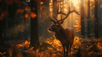 AI-generated illustration of a stag in a forest with sunlight filtering through the trees