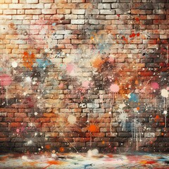 Vibrant paint splatters adorn an old brick wall, creating a colorful, abstract scene
