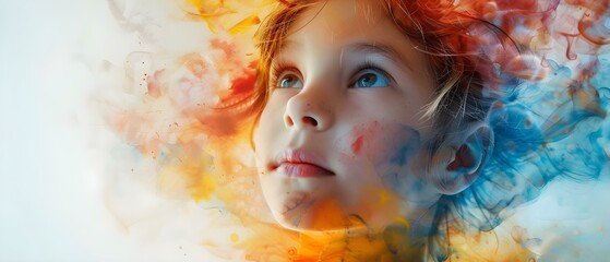 Child's Wonder in Watercolor Hues: A Vision of Neurodiversity. Concept Inclusivity, Childhood, Watercolors, Neurodiversity, Wonder - obrazy, fototapety, plakaty
