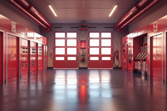 A red room with a clock on the wall Fire Department The room is empty and has a lot of red objects