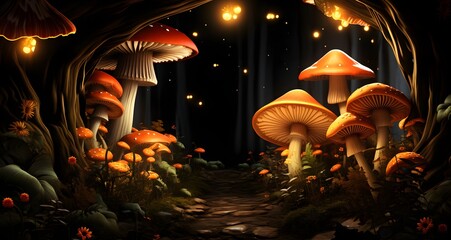 AI generated illustration of mushrooms in a forest with fireflies hovering above