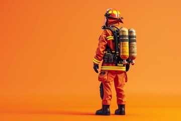 A firefighter in orange jumpsuit stands in front of a bright orange background
