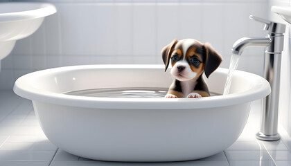 Cute puppy takes a bath in the bathroom basin.　かわいい子犬がバスルームの洗面器で入浴します。