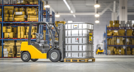 Forklift moving chemical barrel in industrial warehouse - 786119849