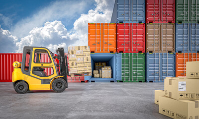 Forklift loading pallets at industrial container yard