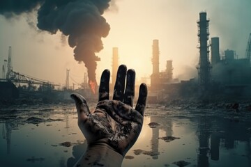 A hand covered in black soot with industrial pollution in the background, symbolizing environmental damage. Pollution and Environmental Damage Hand Concept