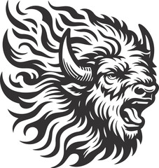 Obraz premium Bison buffalo head Mane like flame, line art Logo
