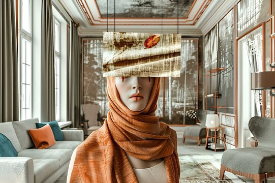 AI-generated illustration of a woman in an orange shawl posing in a modern living room