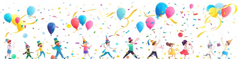 A joyful birthday parade with balloons, streamers, and marching bands.  - obrazy, fototapety, plakaty