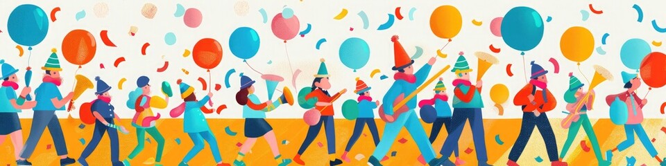 A joyful birthday parade with balloons, streamers, and marching bands.  - obrazy, fototapety, plakaty