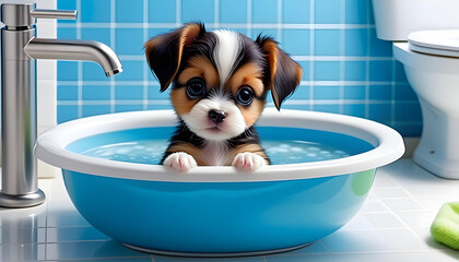 Cute puppy takes a bath in the bathroom basin.　かわいい子犬がバスルームの洗面器で入浴します。