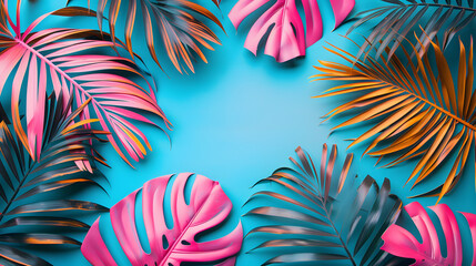 Tropical bright colorful background with exotic painted tropical palm leaves. Minimal fashion summer concept. Flat lay.