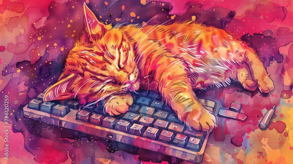 Poster a realistic painting showing a tabby cat peacefully napping atop a computer keyboard