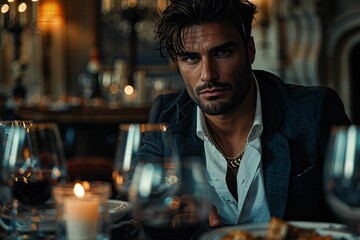 man staring intently at table with wine glasses on it's side