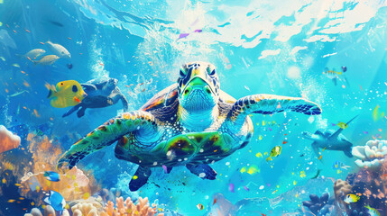 A turtle gracefully moves through the vibrant coral reef ecosystem, showcasing its intricate patterns and colors
