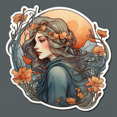 Serene Woman Surrounded by Blossoming Flowers With Sunset Backdrop in Artistic Illustration