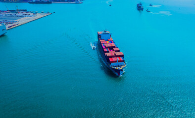 Aerial view of the  Business trip with ship the partner connection Container Cargo freight ship for Import Export