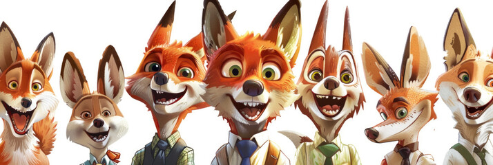 Obraz premium A group of cartoon foxes are depicted with their mouths open in this illustration