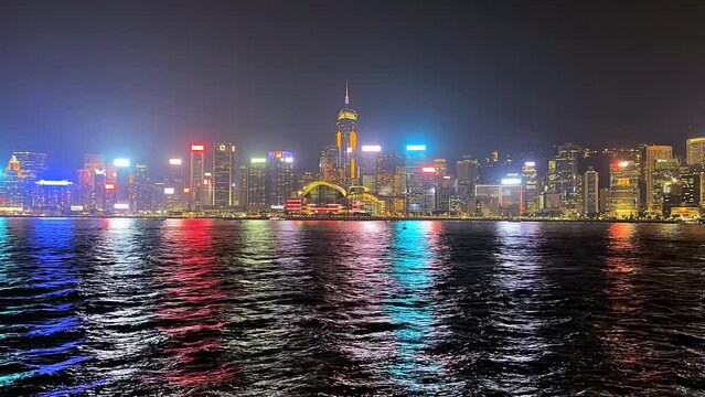 Victoria Habour, Hong Kong - Apir 14th 2024 - VDO of Bustling harbour area with waterfront scenery and popular nighttime light.