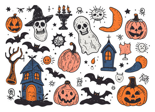 Halloween set with haunted house, raven, potion, bat, vampire mouth. Hand drawn illustration converted to vector