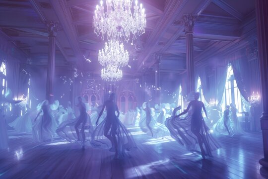 A group of ghosts are dancing in a ballroom with a chandelier above them