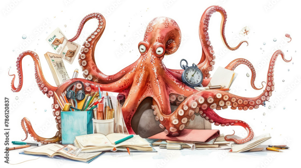 Poster an octopus perched atop a stack of books, showcasing its tentacles and unique form in an unexpected 