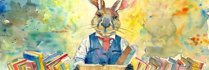 A painting depicting a rabbit holding a woven basket filled with books, showcasing a whimsical and literary theme