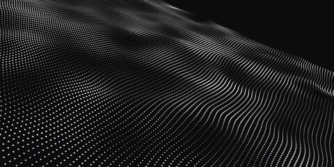 Abstract digital particle wave. Futuristic black and white dot wave. Abstract technology background. Big data visualization. 3D futuristic vector illustration.