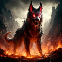 AI generated illustration of a werewolf with glowing red eyes walks through the mountains