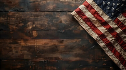American flag on wooden table, patriotic symbolism, memorial day concept. - obrazy, fototapety, plakaty
