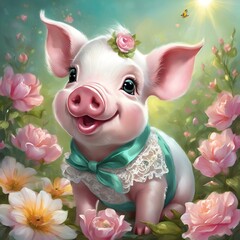 AI generated illustration of a pig adorned in lace surrounded by pink flowers