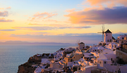 The famous of landscape view point as Sunset sky scene at Oia town on Santorini island, Greece - obrazy, fototapety, plakaty