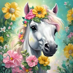 AI generated illustration of a white horse adorned with a floral wreath