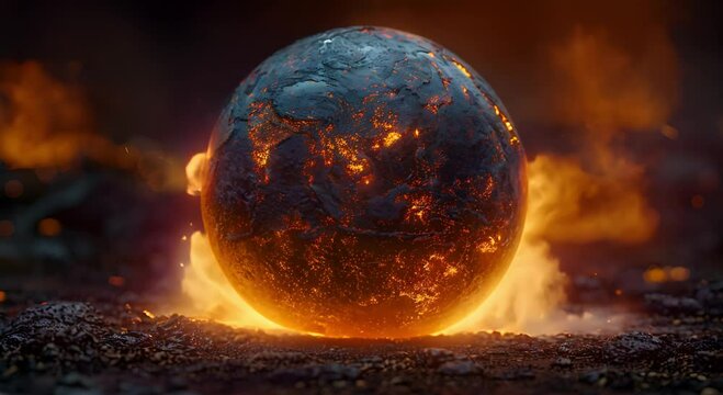 A photorealistic 3D globe showing regions ablaze due to the effects of global warming including detailed textures of fire and smoke to raise awareness about climate change