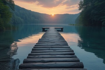 Sunset over a calm lake on a wooden pier - obrazy, fototapety, plakaty